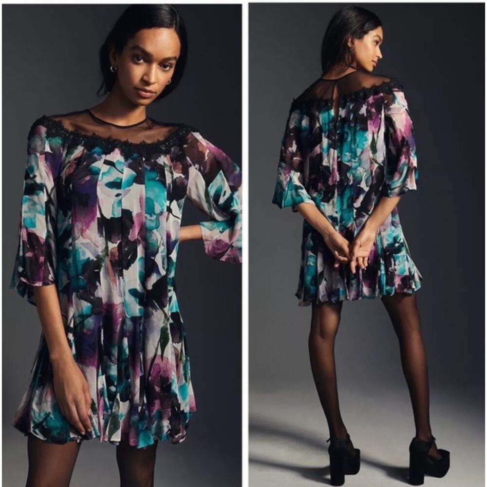 Anthropologie Small Watercolor Floral Pleated Sheer Mesh Yoke Lace Shift Dress